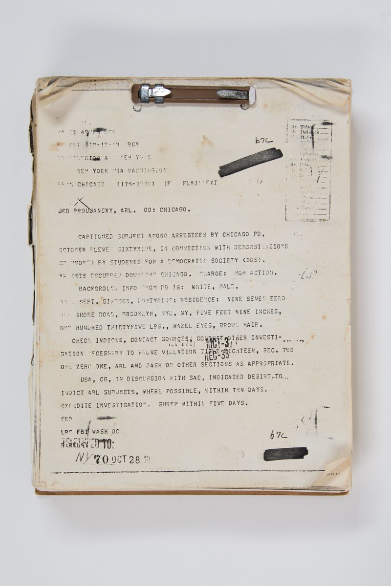 © Alice Proujansky - My dad’s FBI file describing his arrest during the October 1969 Days of Rage.