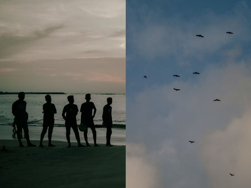© Reza Saifullah - People are watching the sunset on the beach and birds are flying in the sky, 2023.