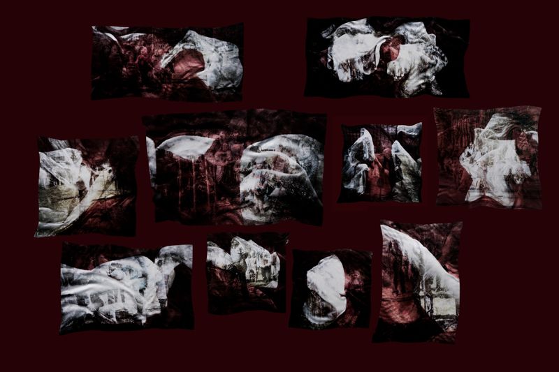 © Kenny Ros - LV100 Archipelago - Fragmented installation of 10 works on textile, mounted unstretched on the wall - Varied dimensions.