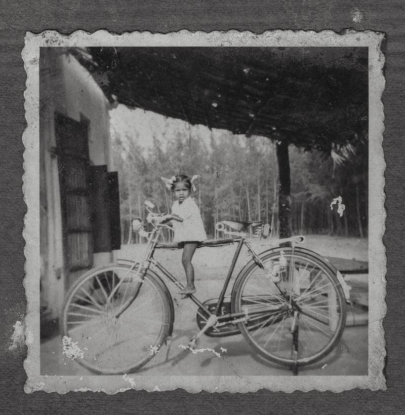 © Deepthi - Family archive. My aunt riding my grandfather’s bicycle, Tamil Nadu, c. 1970s.