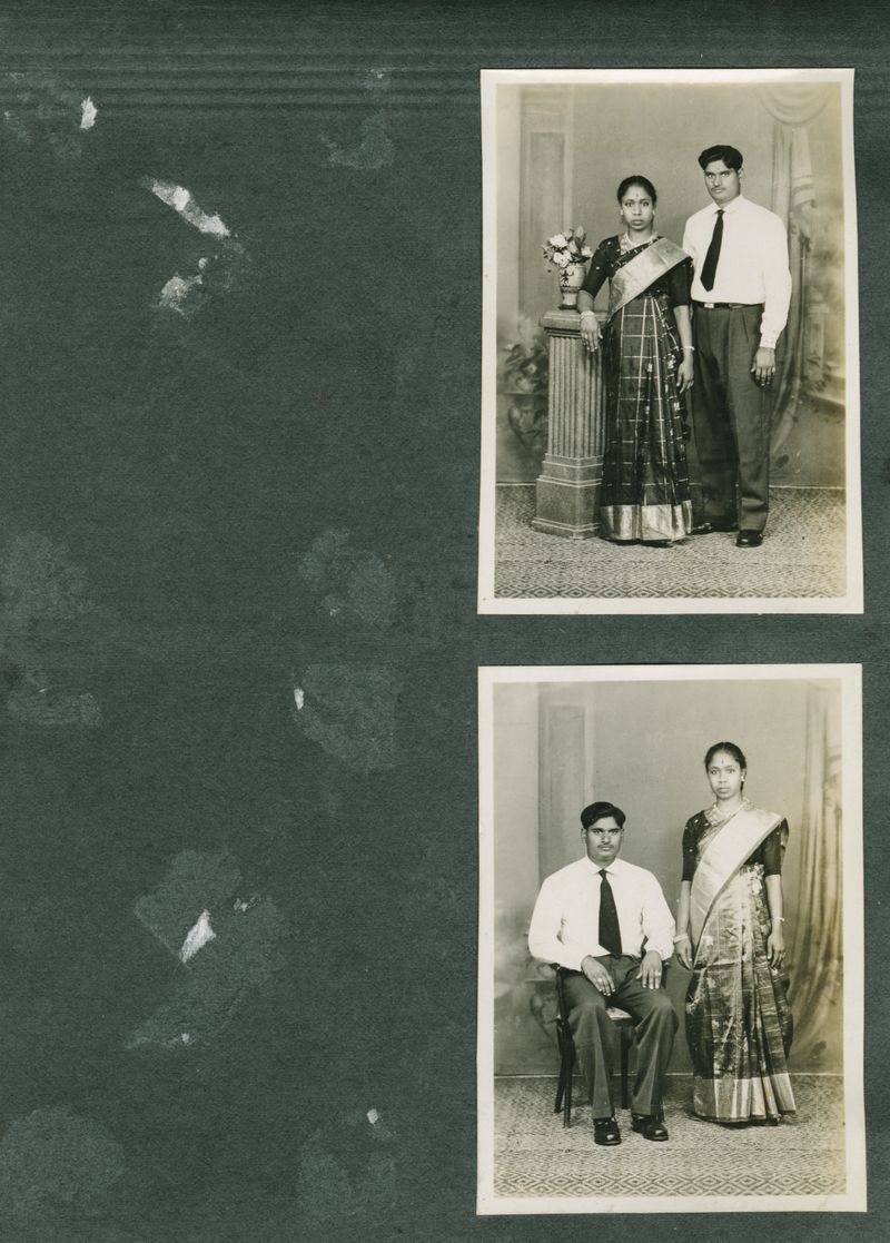 © Deepthi - Family archive. My grandparents, Ranjitham and N. Sabapathy, in a studio portrait after their marriage, Tamil Nadu, 1963.