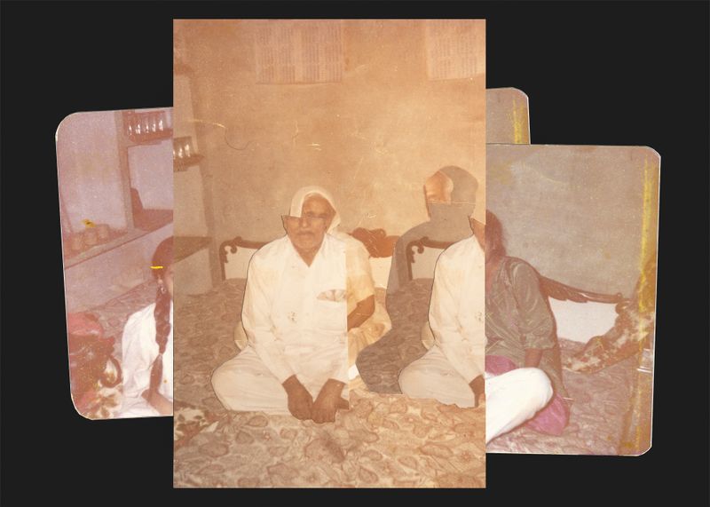 © Jatin Gulati - Grandfather with grandmother and aunts in a bedroom. Collage on Paper, 15 x 21 inches