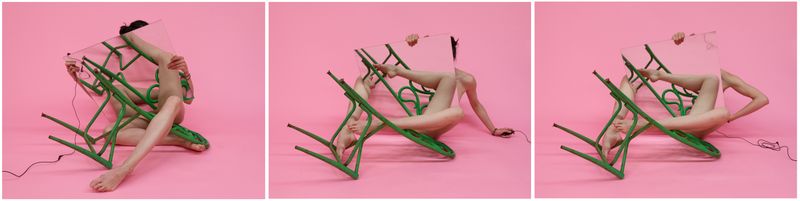 © Heather Rasmussen - Untitled triptych (Green chair sequence with cable release),2020, pigment print16 x 62 inches