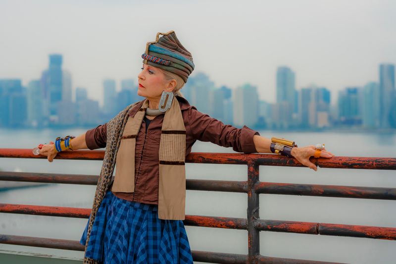 © Natalia L Rudychev - Debra Rapoport modeling her paper towel hat, toilet paper bracelets and cloths swap, thrift and gifted cloths outfit.