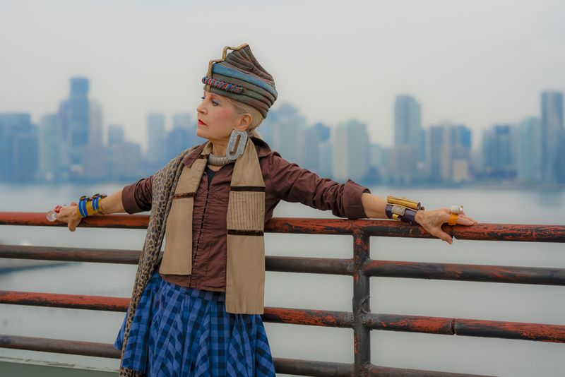 © Natalia L Rudychev - Debra Rapoport modeling her paper towel hat, toilet paper bracelets and cloths swap, thrift and gifted cloths outfit.