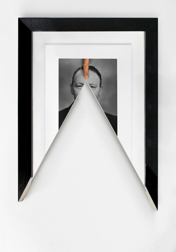 © Jonny Briggs - Point (photograph of my great-grandad, re-photographed with my finger), aluminium mounted photo within cut frame