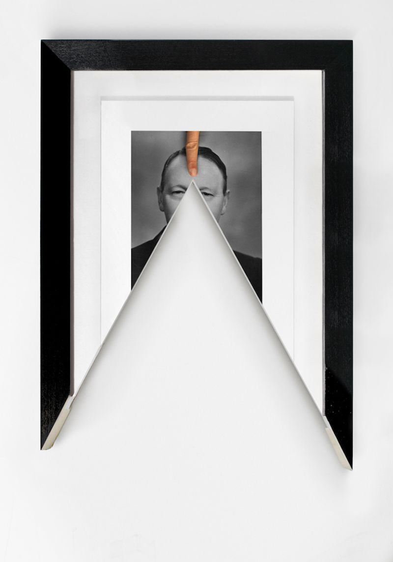 © Jonny Briggs - Point (photograph of my great-grandad, re-photographed with my finger), aluminium mounted photo within cut frame