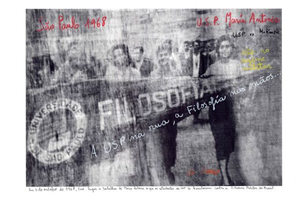 © Marcelo Brodsky - USP, SP, 1968. B&W photograph © Marcelo Brodsky, 2002. Intervention with handwritten texts by Marcelo Brodsky, 2014