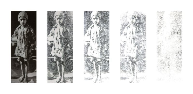 © Elena, Leonidas Kollatou, Toumpanos - Mixed media, photo etching, erasure process of archival image. Skeletal child from starvation, Athens, 1941.