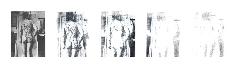 © Elena, Leonidas Kollatou, Toumpanos - Mixed media, photo etching, erasure process of archival image. Dead person after torture of Nazi occupiers
