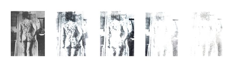 © Elena, Leonidas Kollatou, Toumpanos - Mixed media, photo etching, erasure process of archival image. Dead person after torture of Nazi occupiers