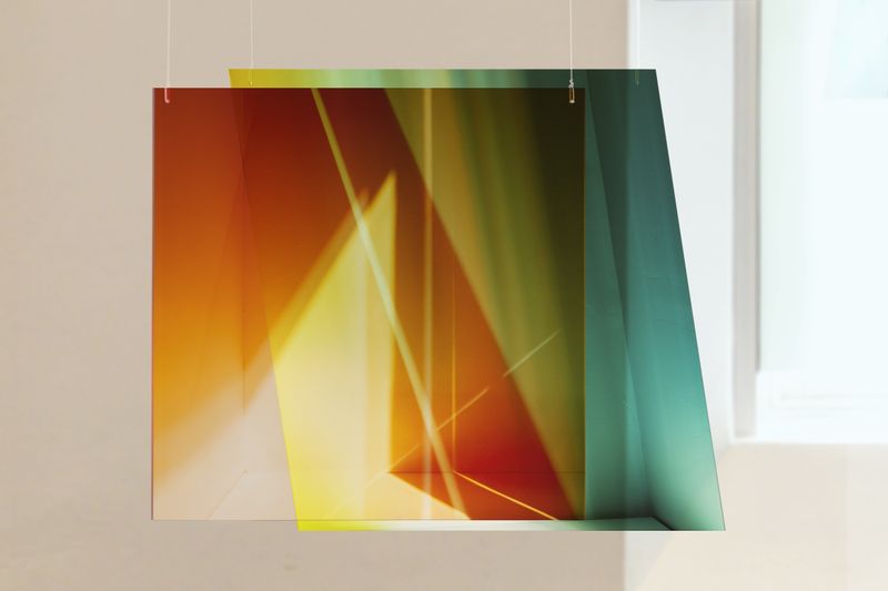 © Lisa Stonham - accumulating (2025). Transparent photo-media, acrylic, nylon wire. 61 x 61 x .45 & 63 x 67x .45 cms
