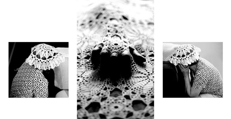 © paula roush - Performing for the camera: nini with her crochet works, Lisbon apartment, July 24 2016