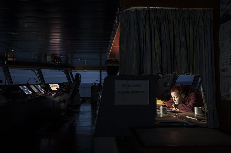 © Nina Varumo - Deck Cadet Matilda is finishing her reports on the bridge. She is studying to become a captain.