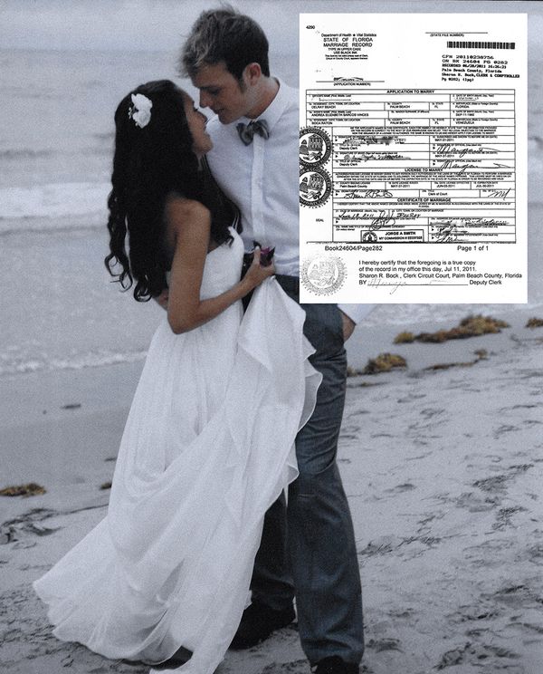 © Andrea Sarcos - An image from my wedding coupled with a redacted copy of our marriage certificate. Florida, USA, 2023.
