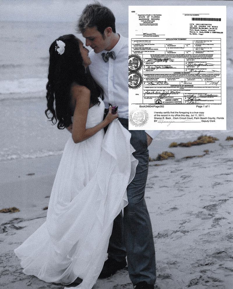 © Andrea Sarcos - An image from my wedding coupled with a redacted copy of our marriage certificate. Florida, USA, 2023.