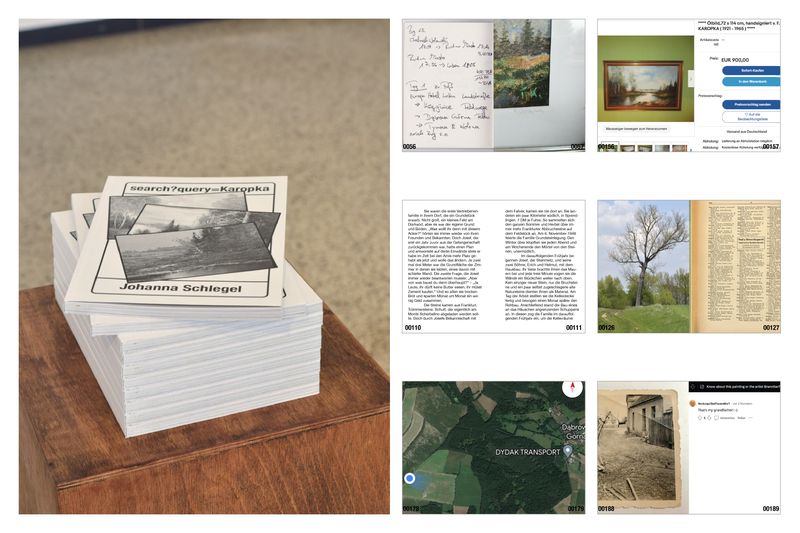 © Johanna Schlegel - Publication „search?query=Karopka“ on plinth (left), abstract of six double pages (right)
