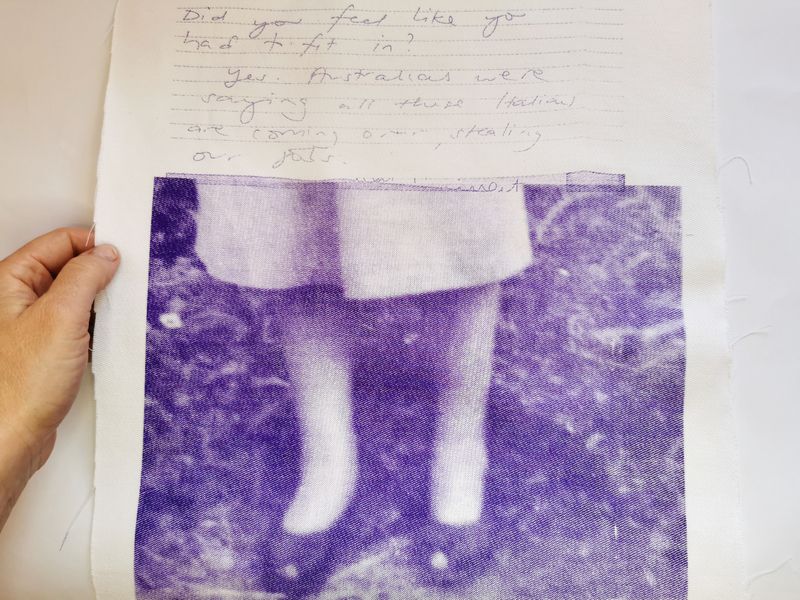 © Rossanne Pellegrino - Screenprinted family photograph and text from family conversation for 'The Family Chain'