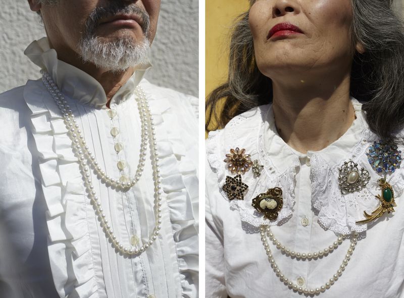 © Yuki Furusawa - Father wearing his wife's blouse and jewelry./Mother wearing her blouse from youth and her favorite jewelry.