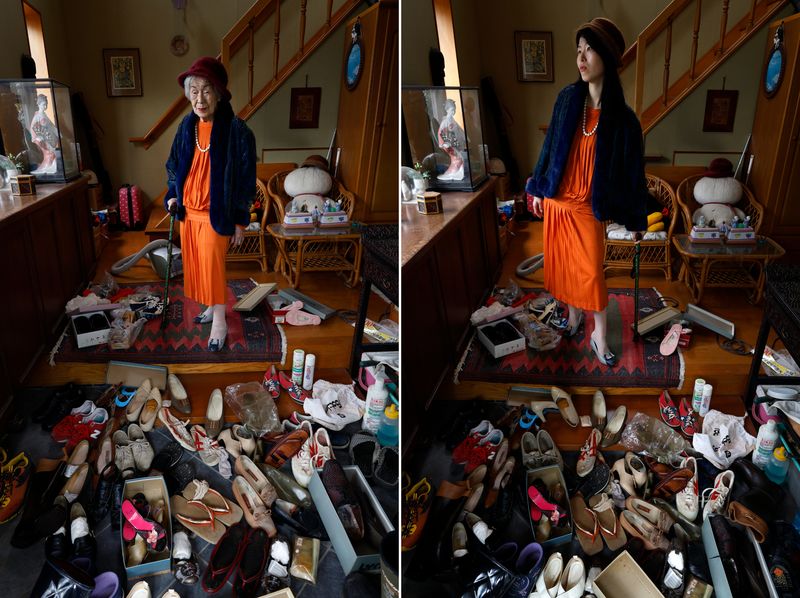 © Yuki Furusawa - My grandmother and me wearing her favorite outfit from her youth, surrounded by shoes that would soon be thrown away.
