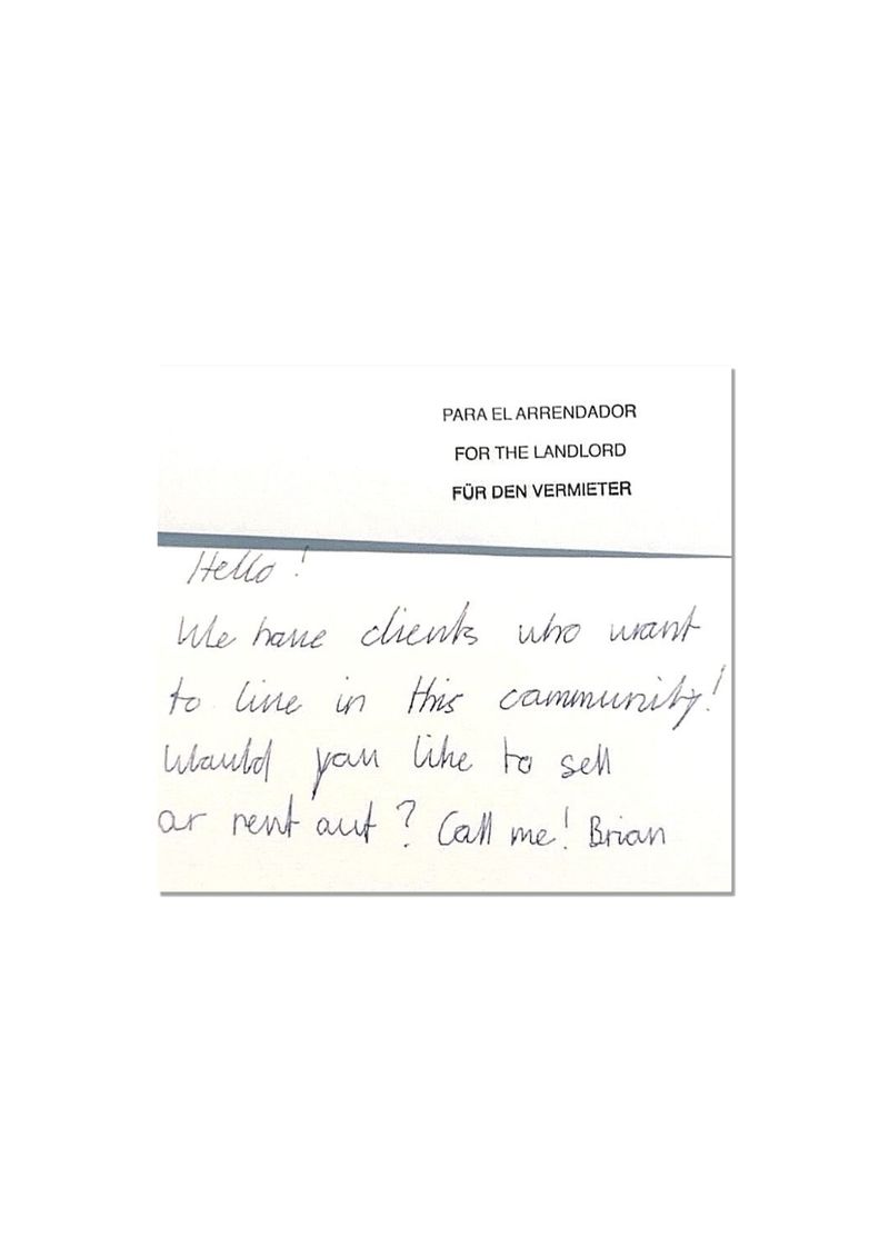 © Maya Valencia - Real State flyer asking residents to live in another place because a buyer want to live in the neighborhood.