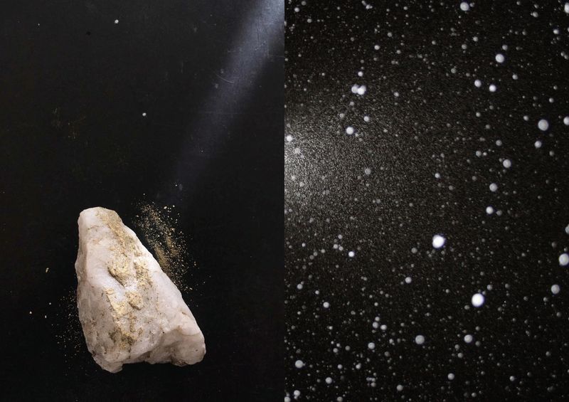 © Nina Viviana Cangialosi - 1. Quartz rock and gold powder on black copybook - 2. Night snowfall