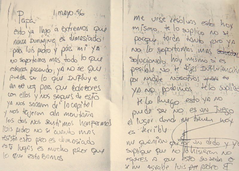 Proof of life 03. Letter from Juan Corzo, Jr. to Juan Corzo, Sr.Translation:‘1st of May, 96