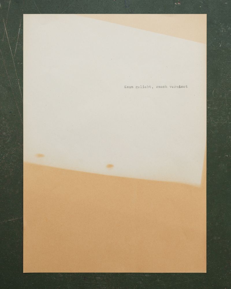 © max.korndoerfer - Sun-bleached paper found in a factory. I wrote phrases from newspaper articles about the industry on it using a typewriter.