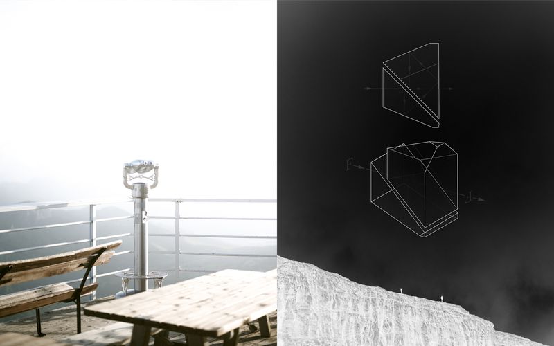 © Giorgia Dal Molin - sn: binoculars from the shelter_dx: mountain ridge with graphic representation of the structure of the binocle