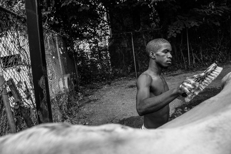 © Charles Mostoller - Abdurrahman "Man-Man" Early, 16, washes Storm on a summer afternoon in an abandoned basketball court near the stables.