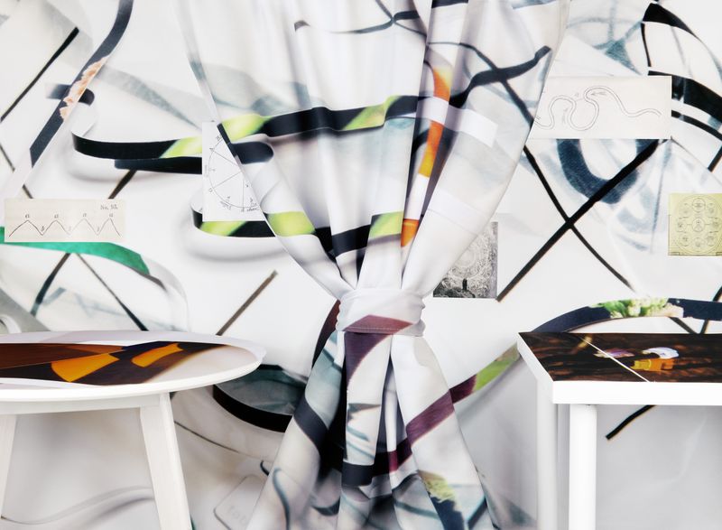 © Kehan Lai - Softly Amorphous (diagram of river-courses, photo stripes, gridded plastic bag, color circle), 2023