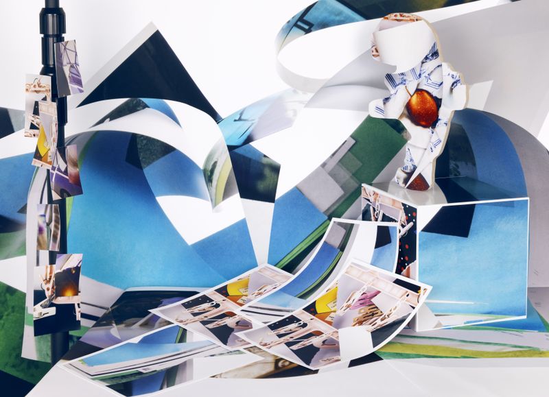 © Kehan Lai - Softly Amorphous (stacks of paper, textured garment, sock hanger, apples), 2023