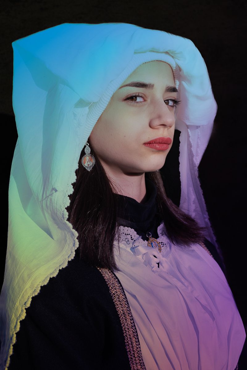 © Alessia Rollo - Manipulation on a girl picture dressed for the "horned mask" ritual in Aliano.Basilicata 2023.