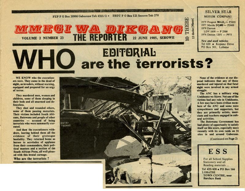 © Thero Makepe - A newspaper article from covering the 1985 South African Defence Force raid on Gaborone.