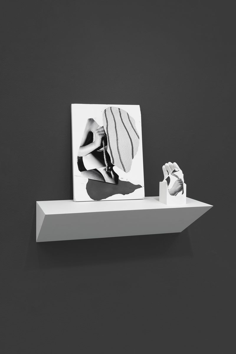 © Vanessa Woods - Lucana # 11, Plaster Sculpture with Photographic Emulsion Transfer, Cast Hand, Shelf, 2024
