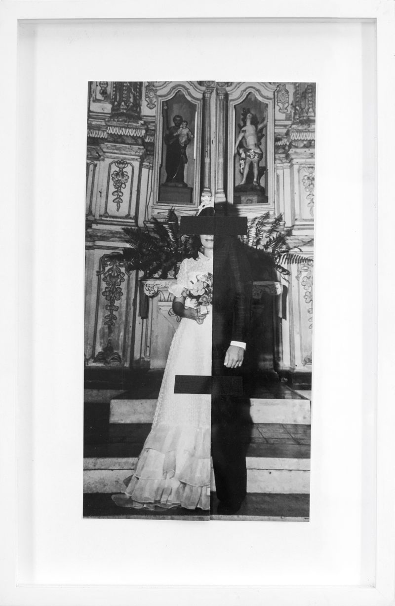 © Marilia Vieira - 'The Fold', (1974/2025) Archival photograph folded with electrical tape, my parents' wedding