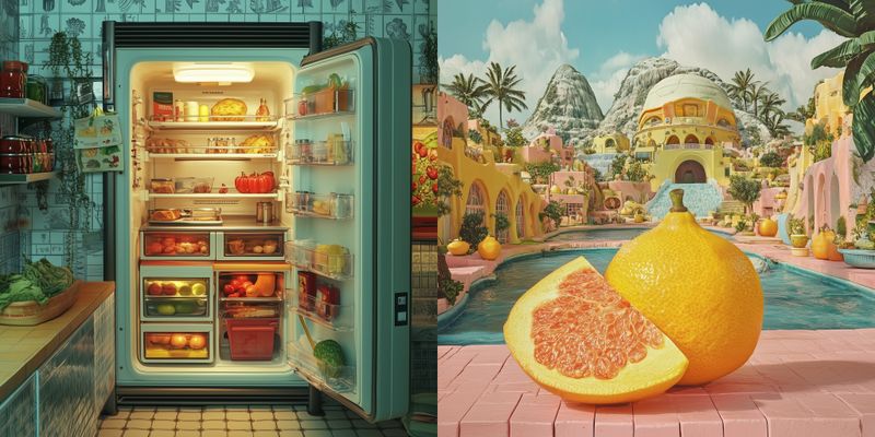 © iamhay - inside of the movie Aesteroid City's refrigerator, 72.25 x 145 cm, Archival Pigment Print, Diasec Acrylic Frame.