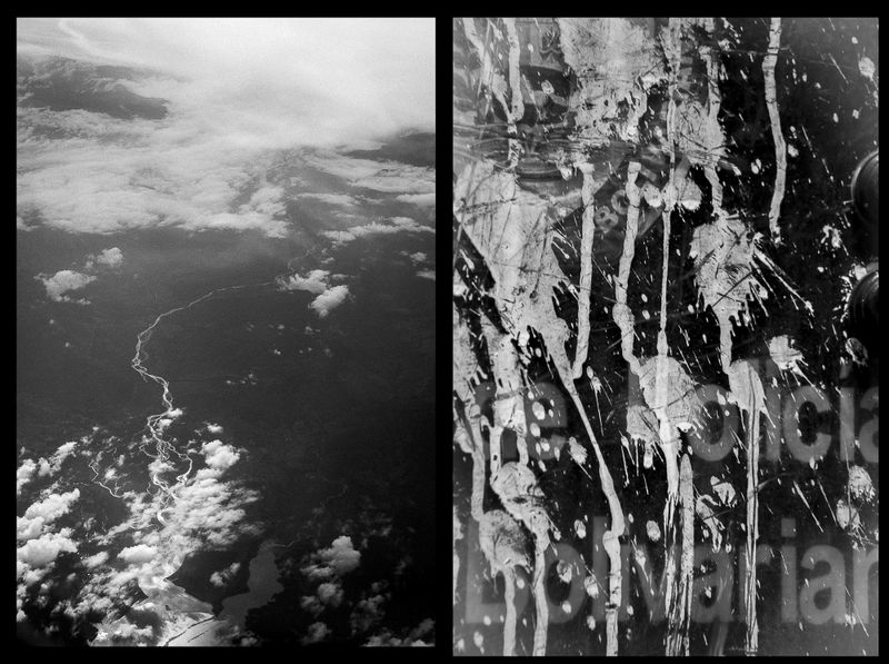 © Fabiola Ferrero - On the left, an aerial view of Venezuela. On the right, a police shield with painting thrown by protesters.