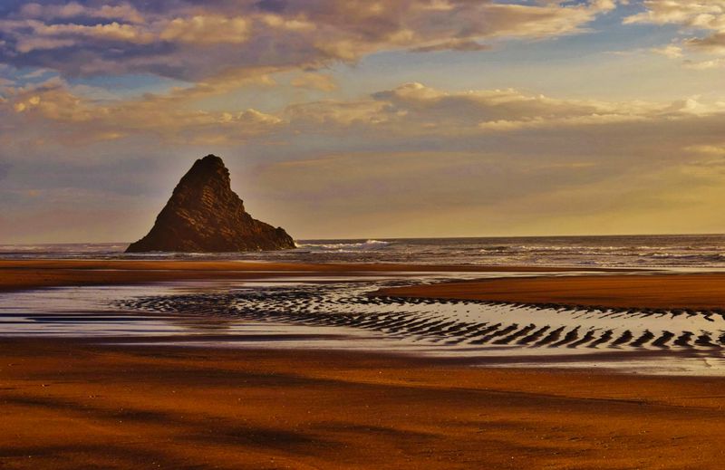 © Kelly Vivian - Serenity.The usually black sands of Karekare Beach turn golden in the deep evening sun.