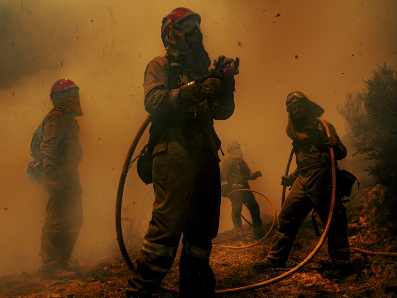 © Adra Pallón - Several firemen working directly against the advancing fire. After several days the fire is still out of control.