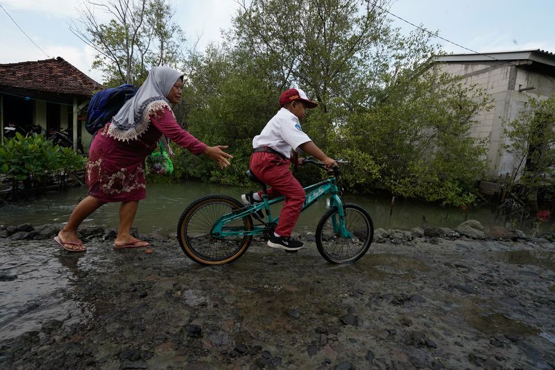 © Pakak Banak - A mother guides her child to school by bicycle, passing through a road wet from seawater flooding