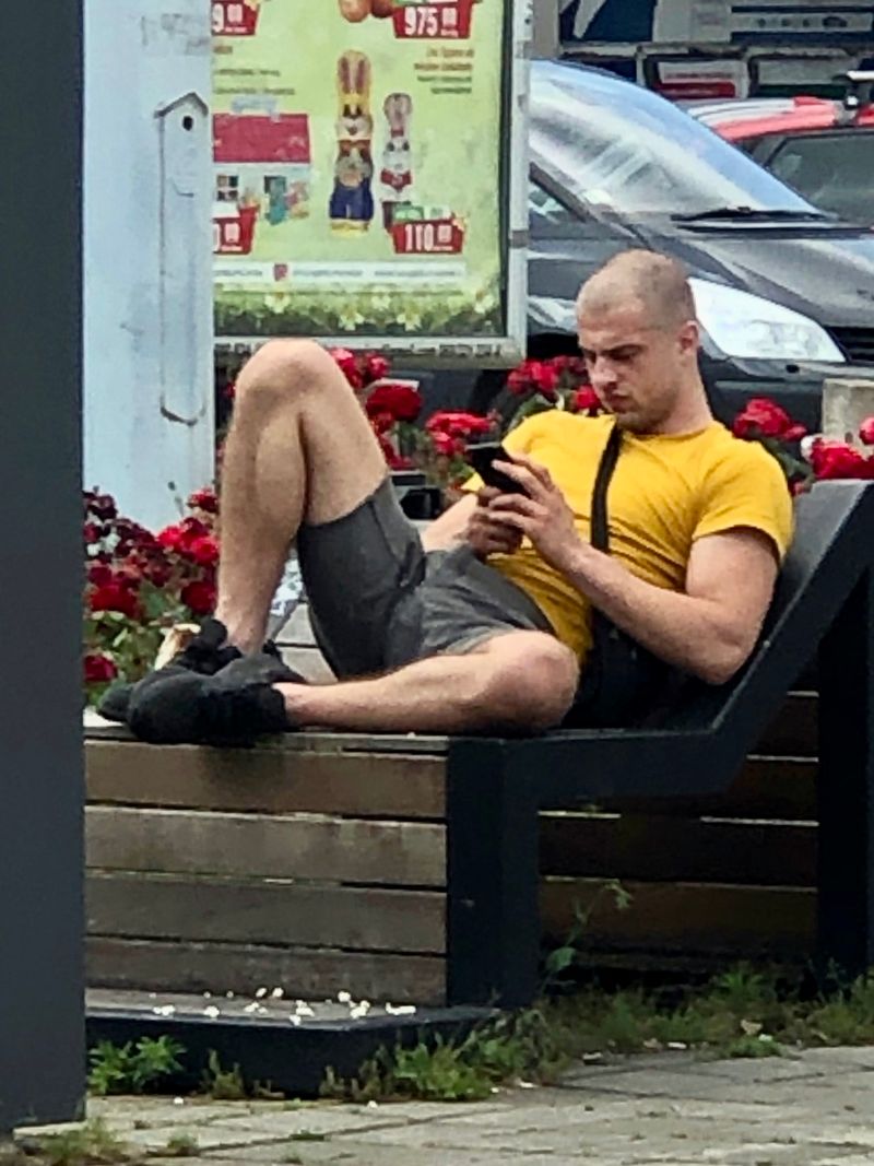 © Filip Bojovic - Proudly using free WIFI Internet and and proudly showing his crotch.