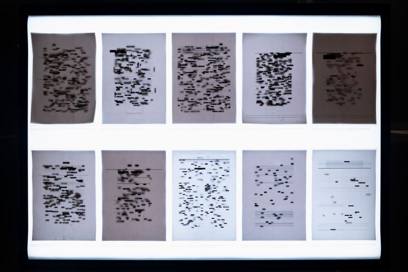 © Nina White - Overhead view of 2/5 lightboxes displaying "The Normality of the Patriarch"