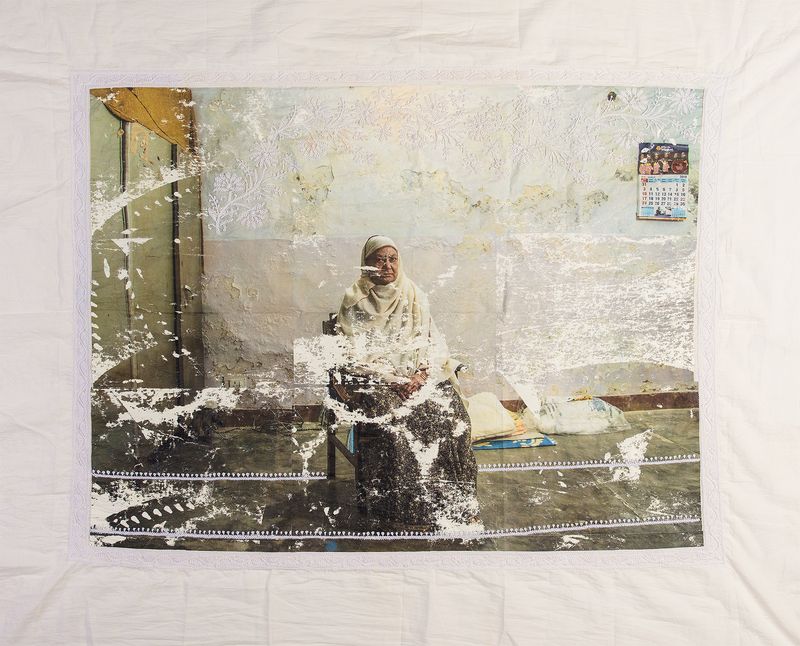 © Spandita Malik - Nuzrat Praween Size: 43 x 36.5 inch Medium: Heat transfer print on Voile Fabric, Chikankari embroidery