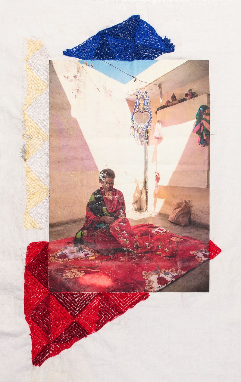 © Spandita Malik - Rajni Mehra Size: 19.5 x 34 inch Medium: Heat transfer print on Khaddar Fabric, Phulkari Silk thread embroidery