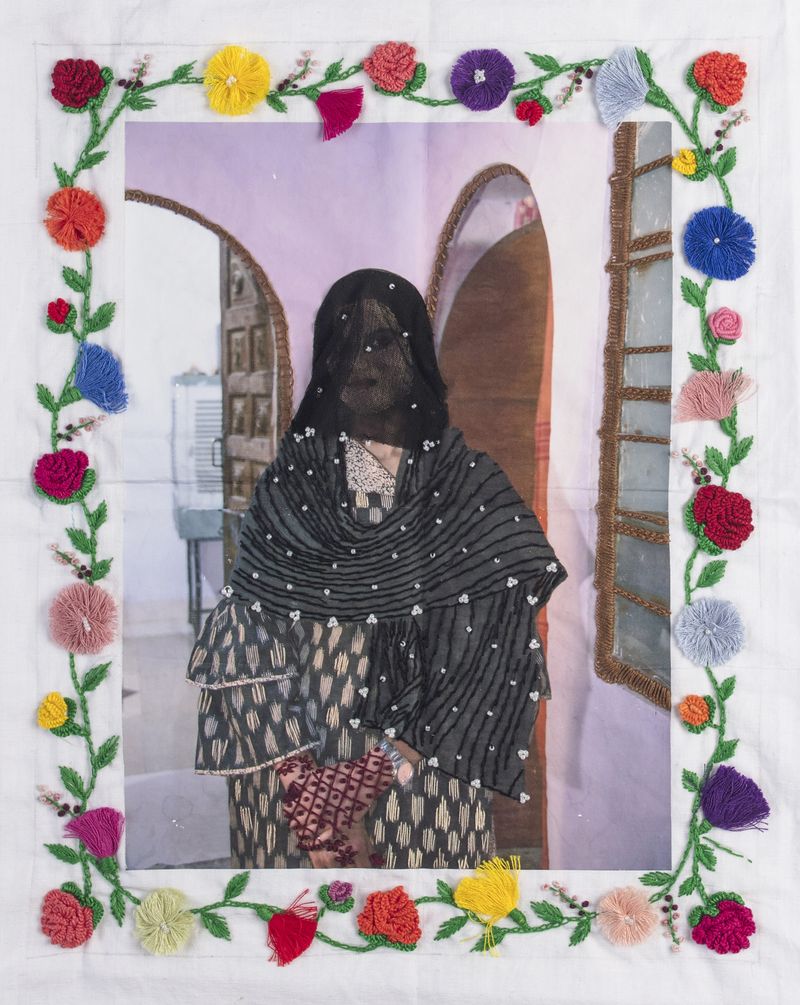 © Spandita Malik - Fozia 2019 Medium: Photographic Transfer Print on Khadi, Embroidery Size: 19 x 23 inch