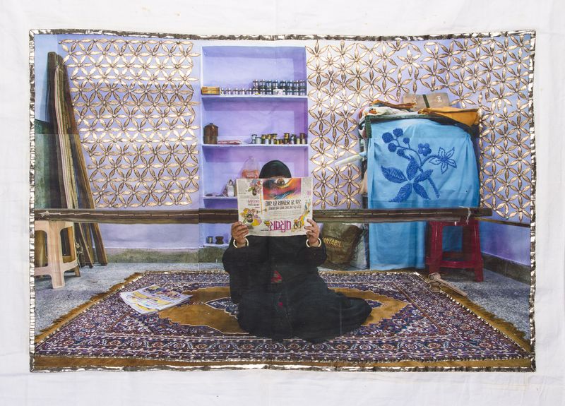© Spandita Malik - Kosar 2019 Medium: Photographic Transfer Print on Khadi, Gotta Patti and Zardozi Embroidery Size: 35 x 26 inch