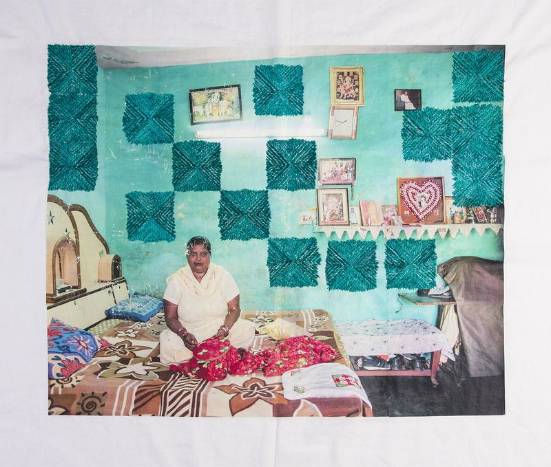 © Spandita Malik - Radha Rani 2019 Medium: Photographic transfer print on Khaddar Fabric, Phulkari Silk thread embroidery Size: 44 x 41.5 inch