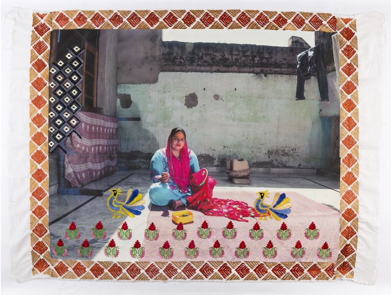 © Spandita Malik - Rukmesh Kumari 2020 Medium: Photographic Transfer Print on Khaddar, Phulkari silk thread Embroidery Size: 49 x 40 inch