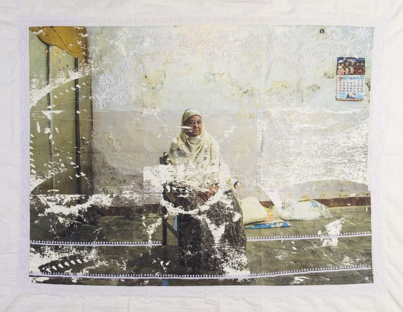 © Spandita Malik - Nuzrat Praween 2019 Medium: Photographic transfer print on Voile Fabric, Chikankari embroidery Size: 43 x 36.5 inch